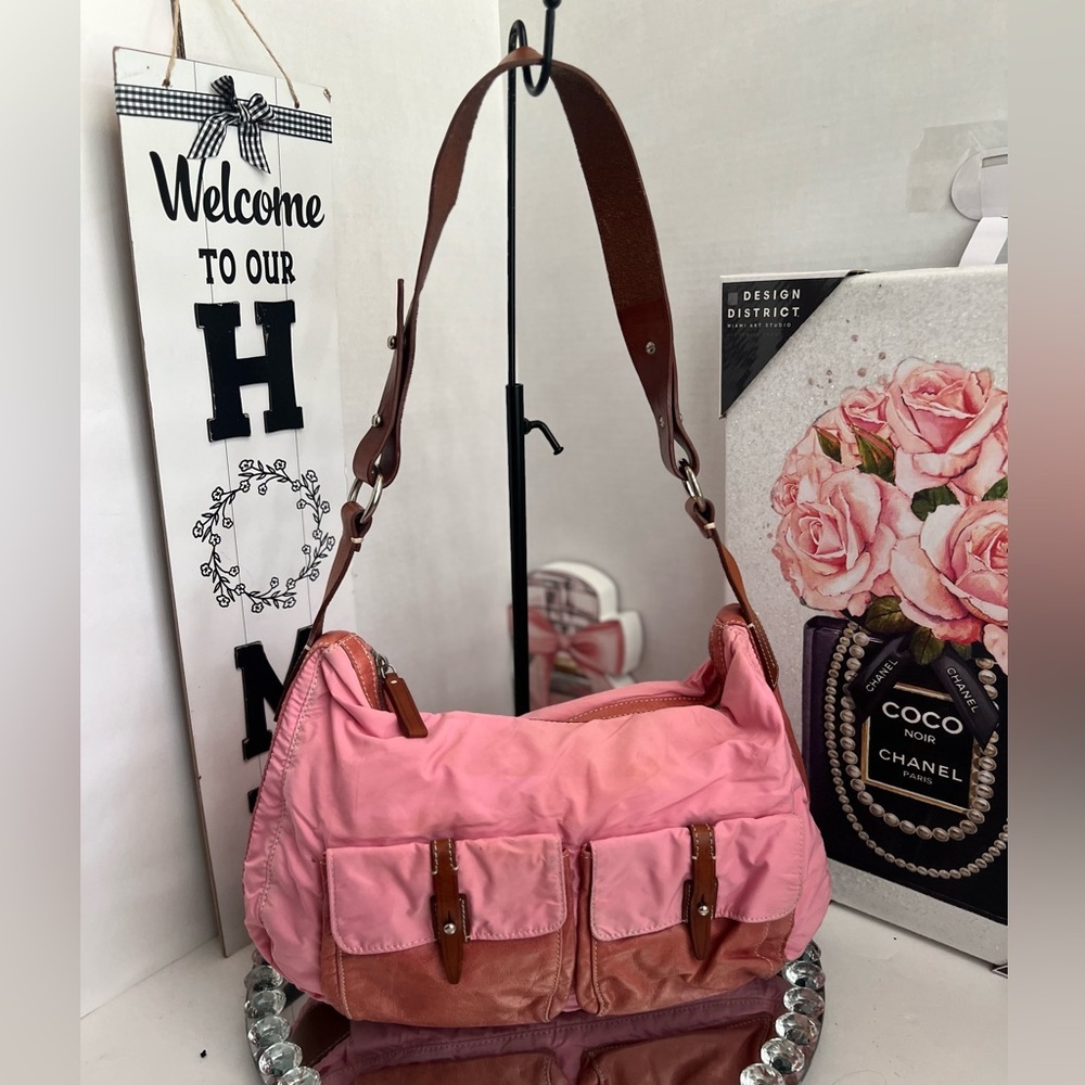 Francesco Biasia pink nylon & brown real  leather  shoulder bag